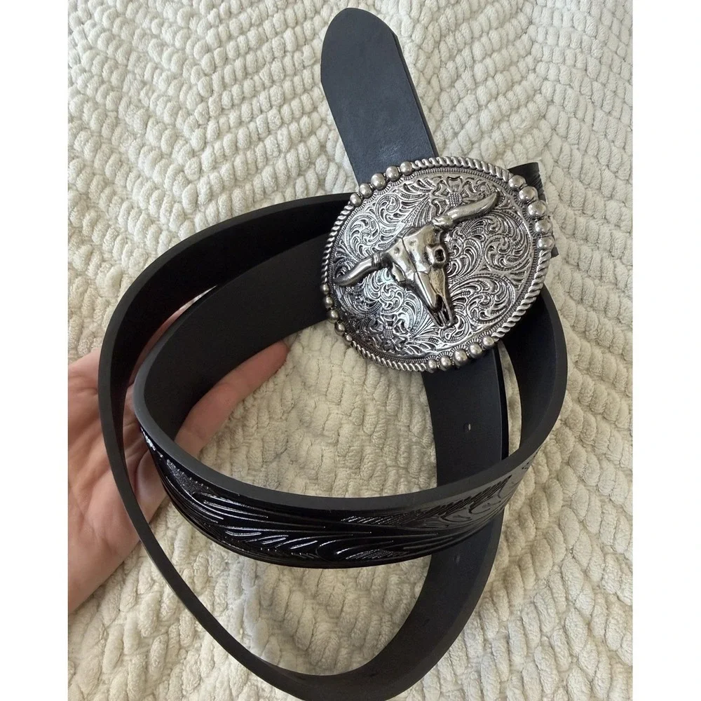 Black Western Cowboy Belt with Silver Longhorn Skull Buckle‎ Waist 42